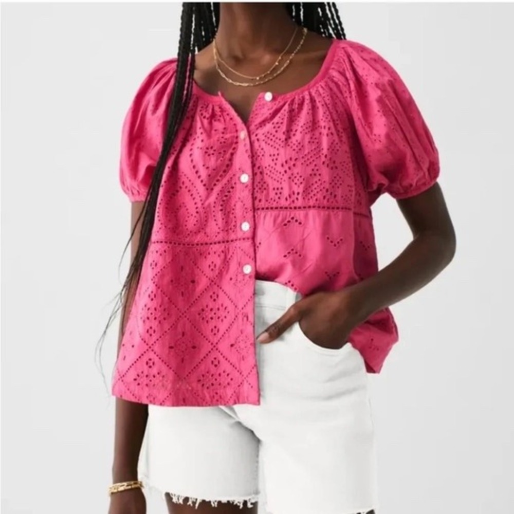 Faherty Pink Organic Cotton Eyelet Short Sleeve Button Front Top Blouse Women XL